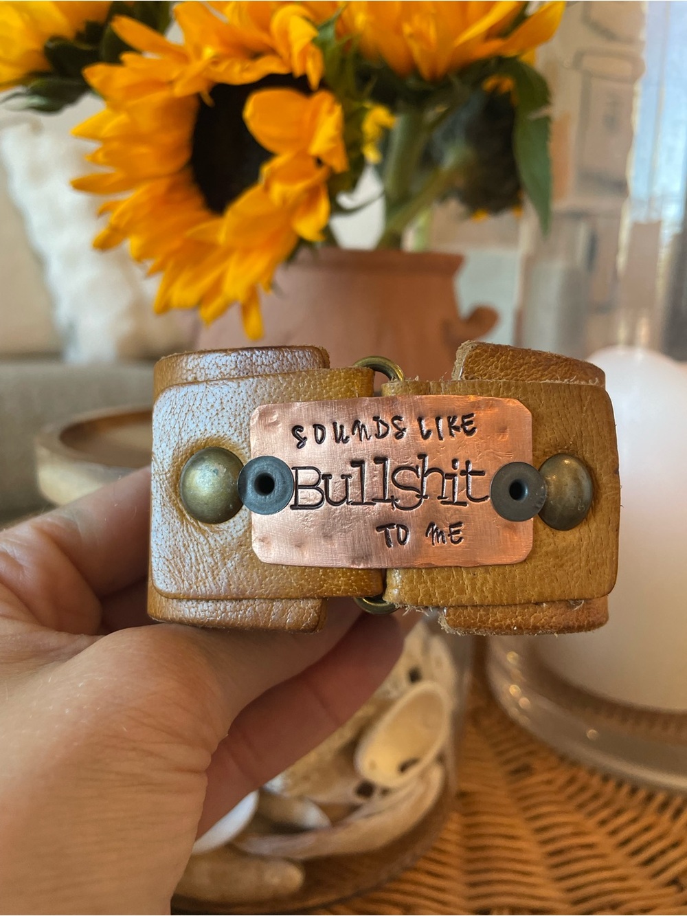 Leather Cuff Bracelet with Copper Plate — Tan